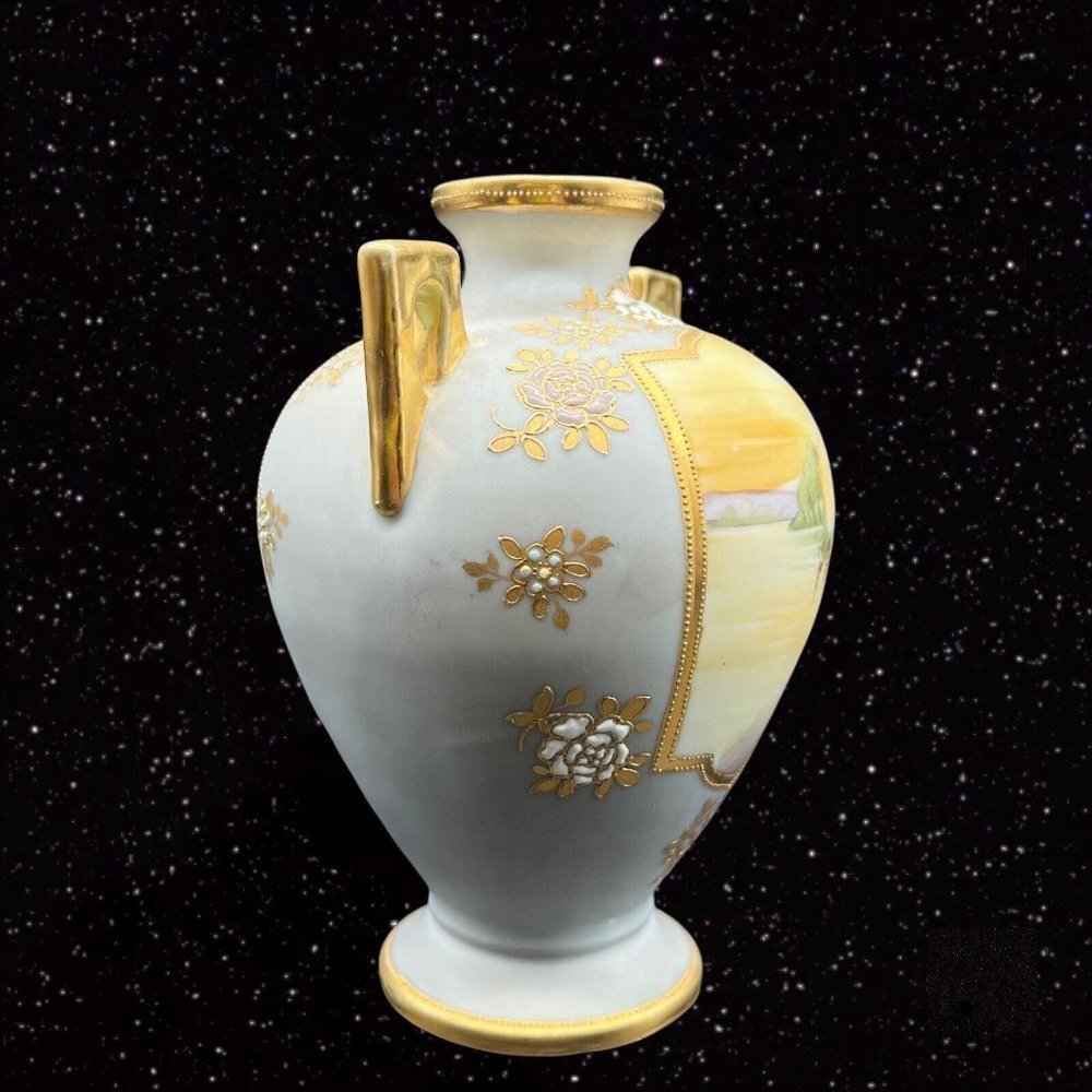 Antique‎ Porcelain Nippon Moriage Vase Golden Hand Painted Double Handled Boat - Picture 3 of 8